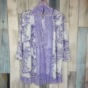 Chico's Purple White Paisley Open Front Jacket Duster Cardigan Size 2